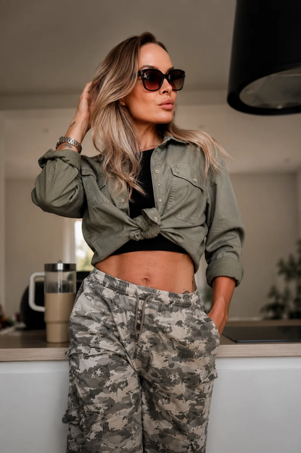 Pernille at home in an olive shirt and sunglasses
